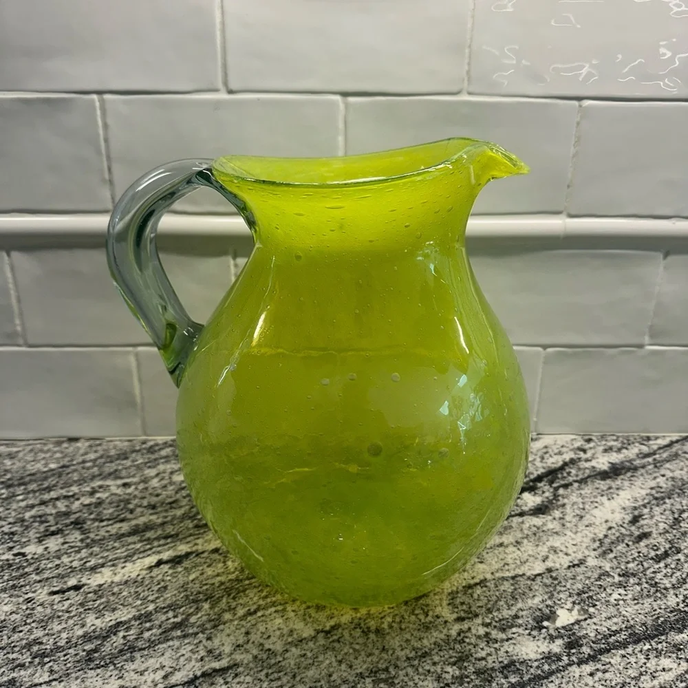 8 Crate & Barrel Calypso Mexican Margarita Glasses & Pitcher Green Handmade